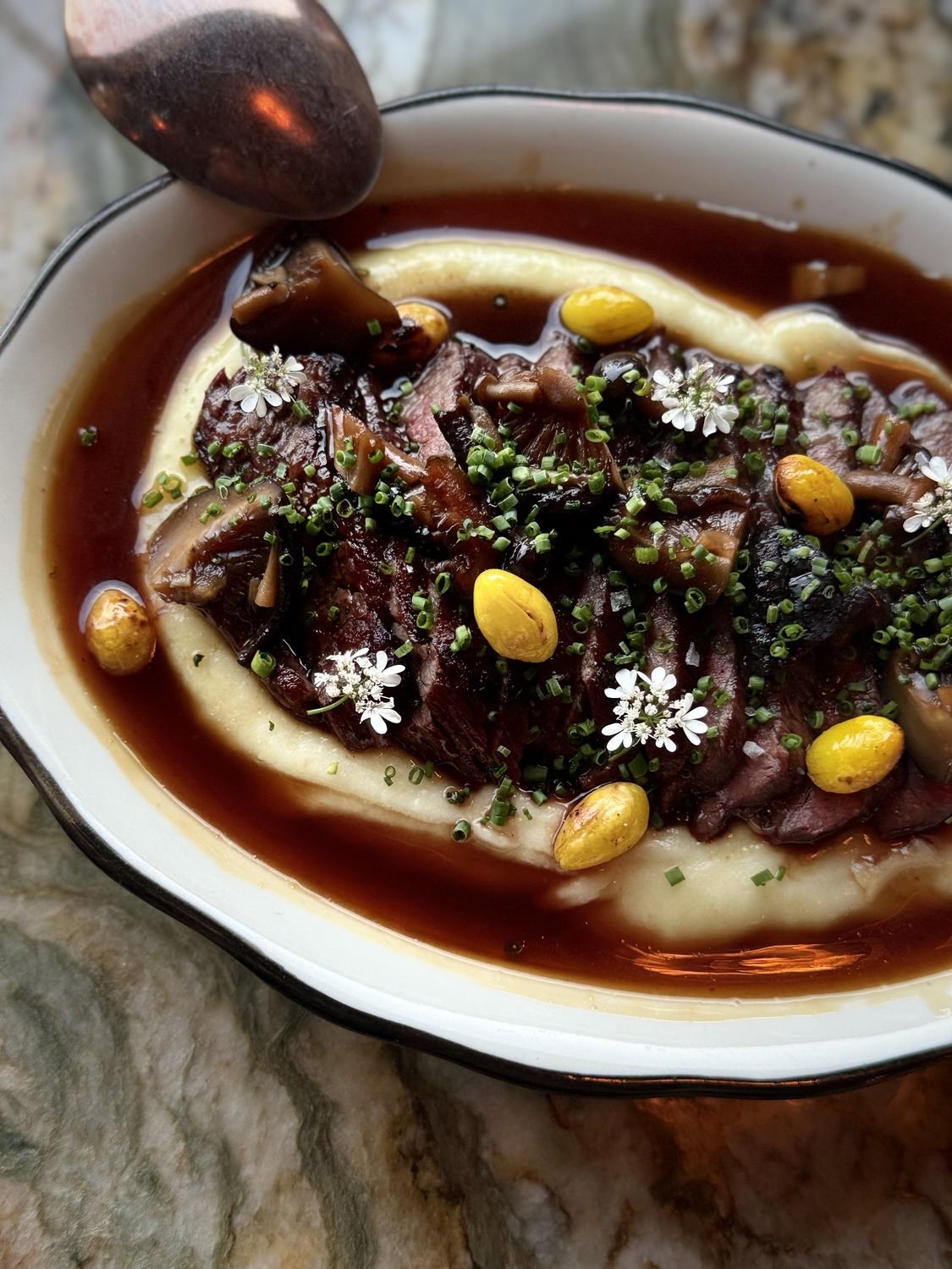 Galbi wagyu over Yukon mash with mushroom and ginkgo