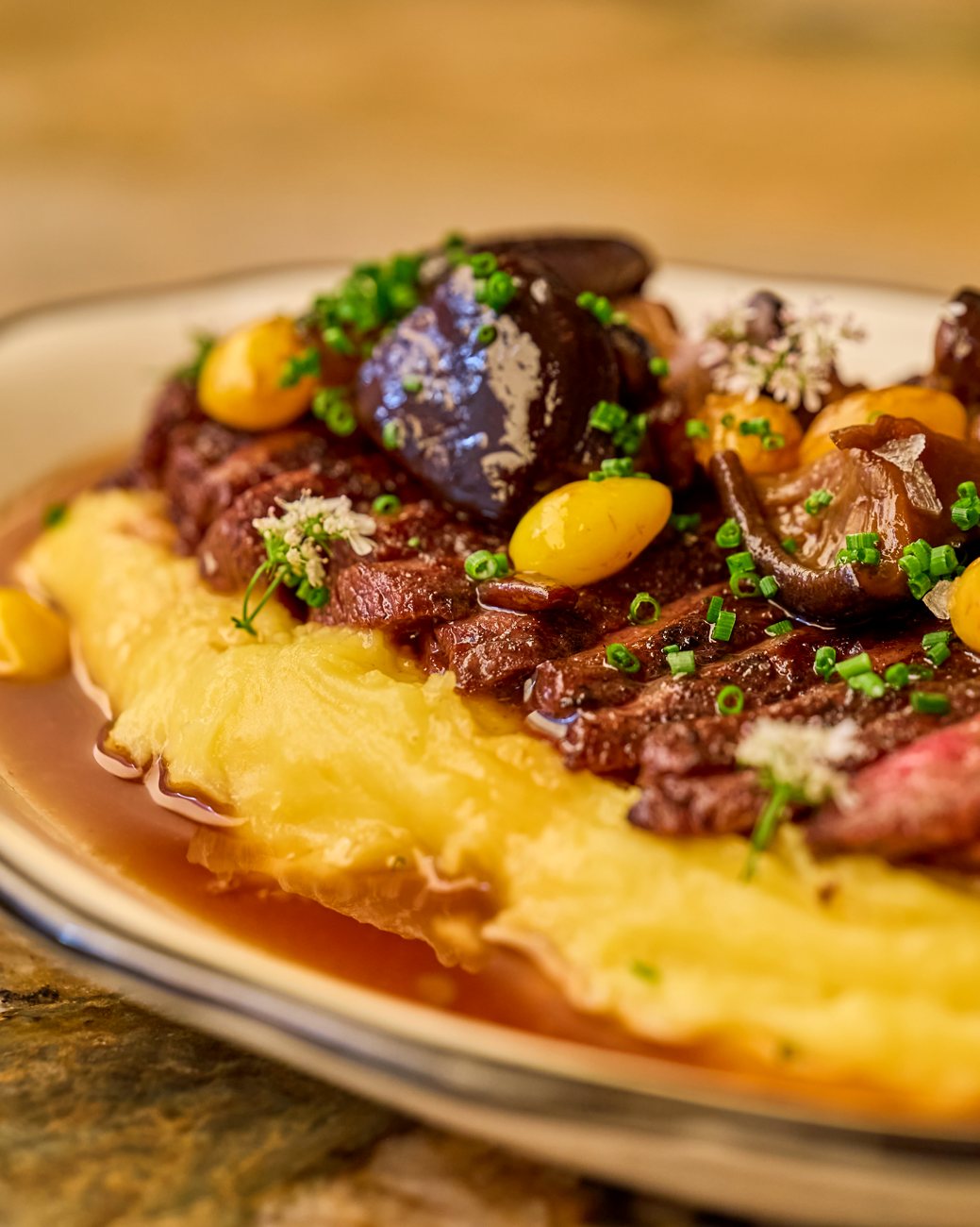 Galbi — reserve wagyu over Yukon mash with mushroom and ginkgo in a glossy jus