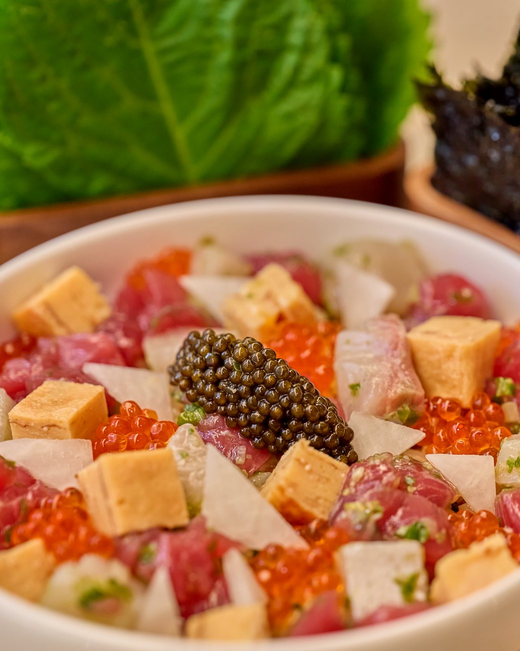 Tuna ssambap: bluefin tuna, caviar and steamed egg with perilla and seaweed