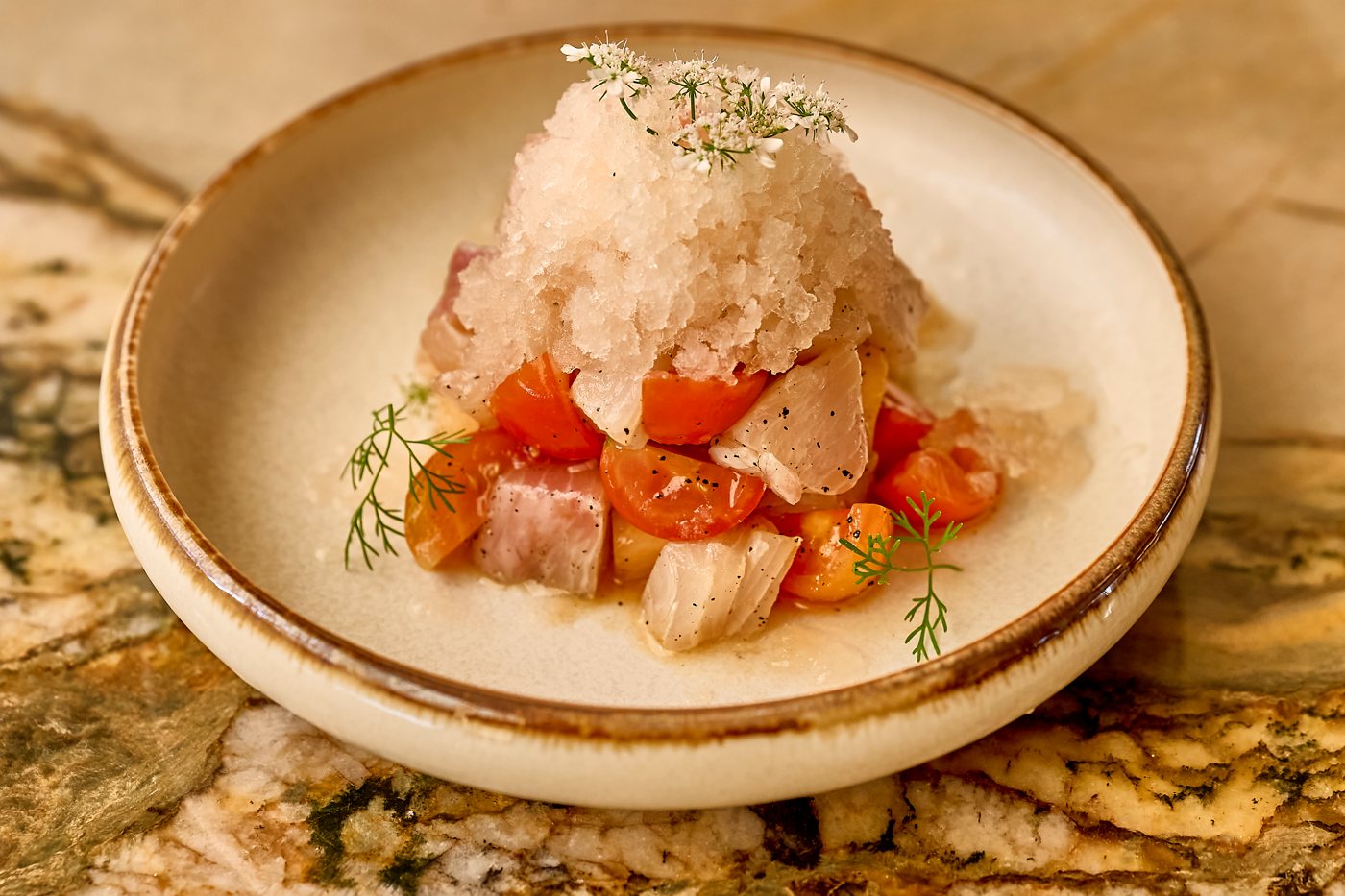 Crudo with melon dongchimi